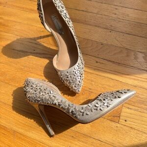 Gold Glitter Stiletto Heels with Floral Embellishments